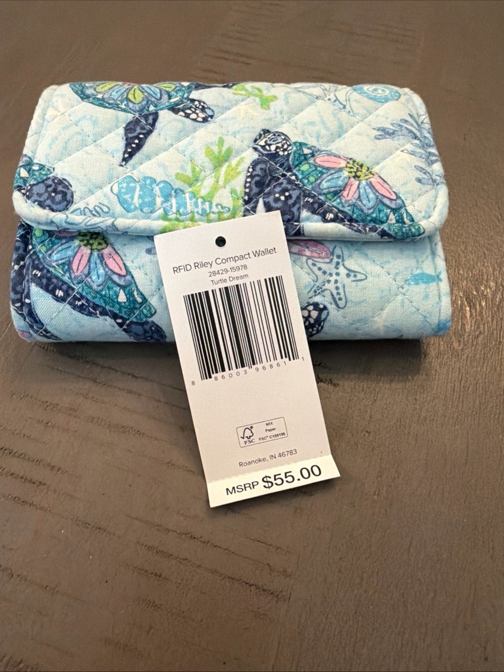 Vera Bradley Light Blue Quilted Wallet with Turtle and Coral Print